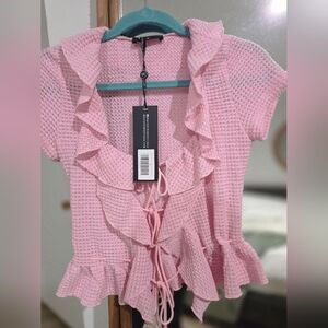 Waffle Knit Ruffle Tie-Front Top And Shorts Set in Light Pink